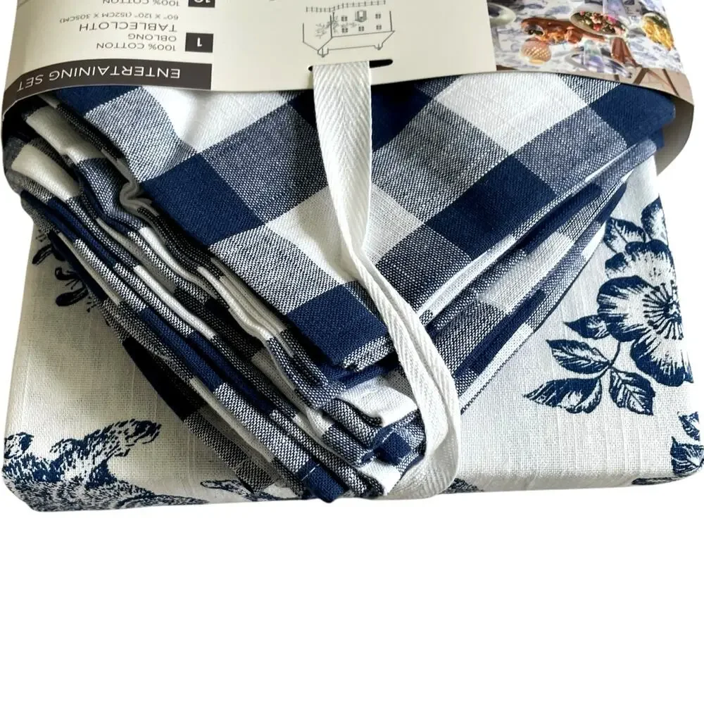 7pc Farmhouse Easter Bunny Tablecloth 60x84 Gingham Napkin Set Blue White NEW